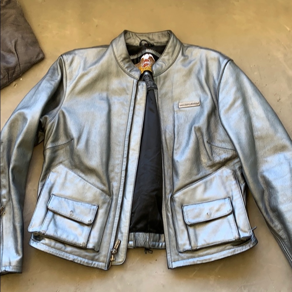 Silver leather Harley Davidson motorcycle jacket